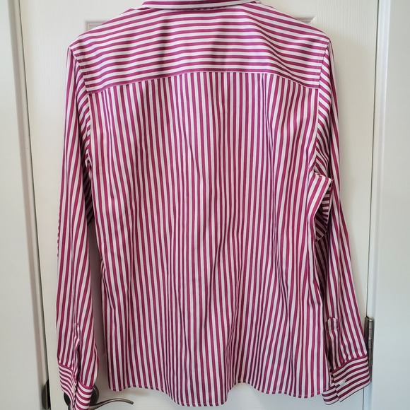 Foxcroft Button Down Shirt Women 10 Pink Striped Non-Iron Shaped Fit Long Sleeve - Picture 4 of 4